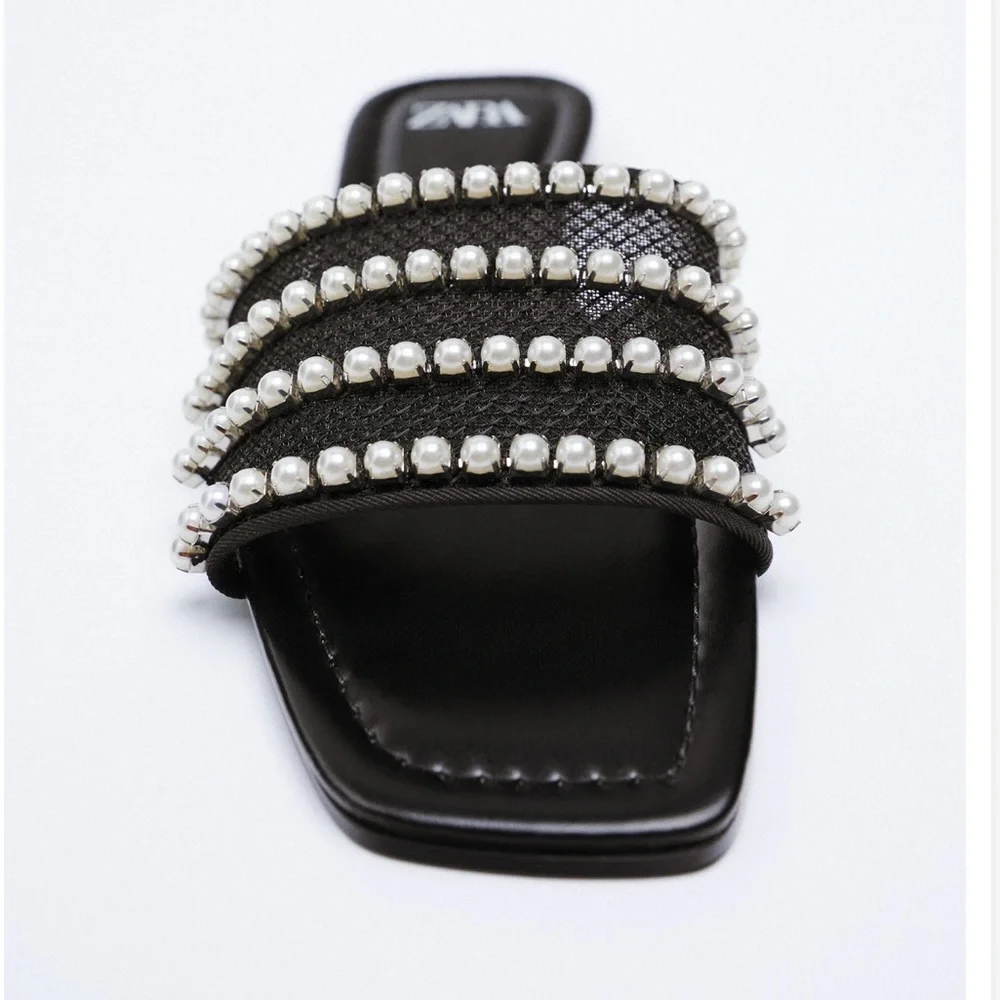 Zara Pearl Mesh Slide Sandals Black Rhinestone Flats Size 42 - Picture 2 of 10